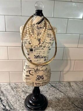 Cream Script Fabric Jewelry Bust Display with Black Script and Black Base